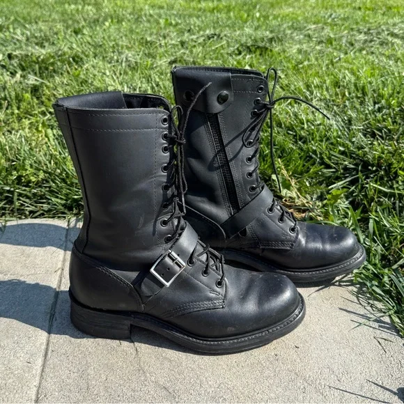 Vintage Double H Lace Up Side Zip Biker Boots Black Size 9 D  display picture 3